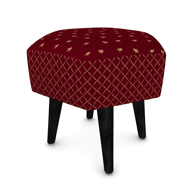 A burgundy snow polo themed, hexigon, foot stool with black legs