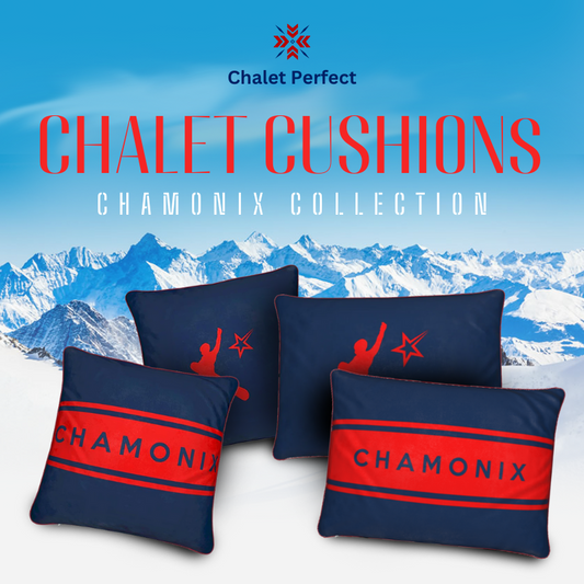 Chamonix Red and Blue Soft Velvet Chalet Cushion with Snowboarder