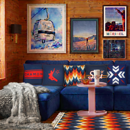 70s retro style blue couch with Chamonix blue and red assorted ski themed cushions