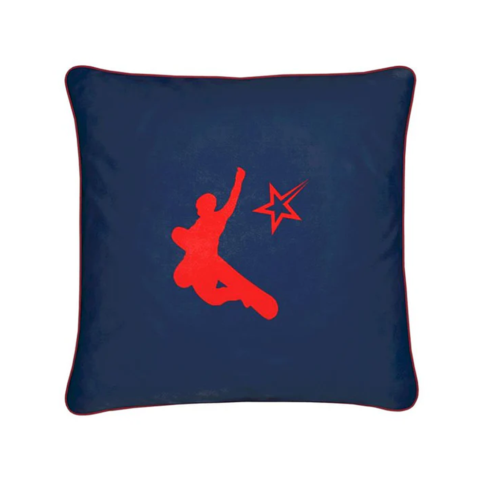 Chamonix Red and Blue Soft Velvet Chalet Cushion with Snowboarder