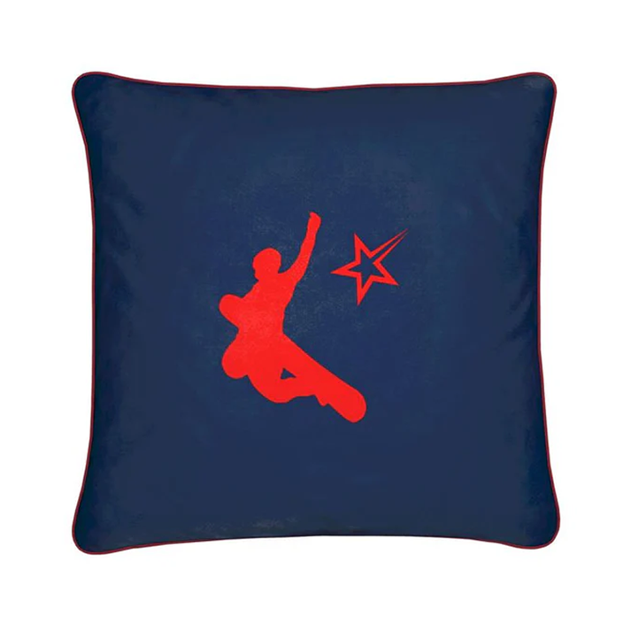 Chamonix Red and Blue Soft Velvet Chalet Cushion with Snowboarder