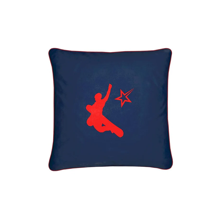 Chamonix Red and Blue Soft Velvet Chalet Cushion with Snowboarder
