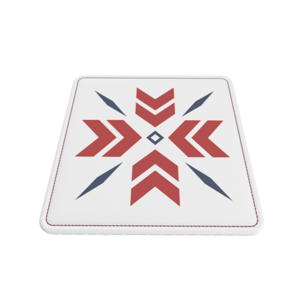 Square coaster with red and blue snowflake design.