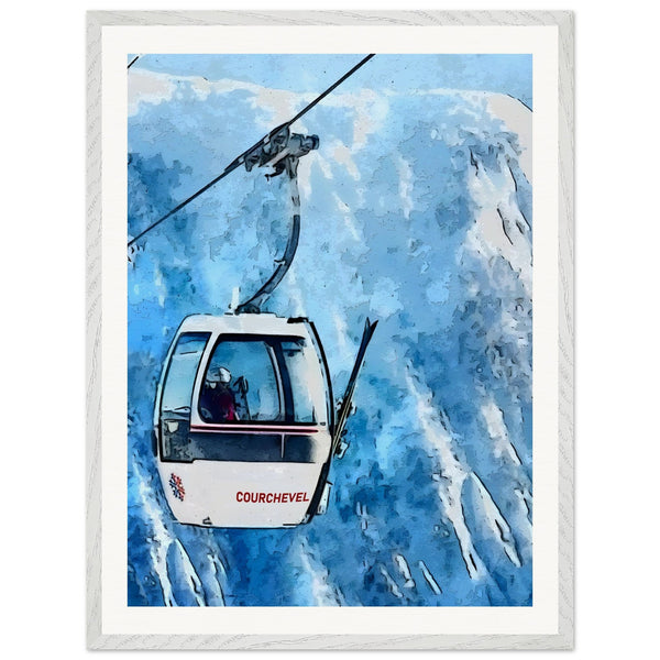 Print of a Couchevel Condola against a snowy mountain background