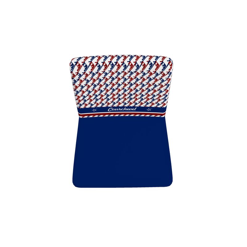 Red white and blue chair with Courchevel written on it.