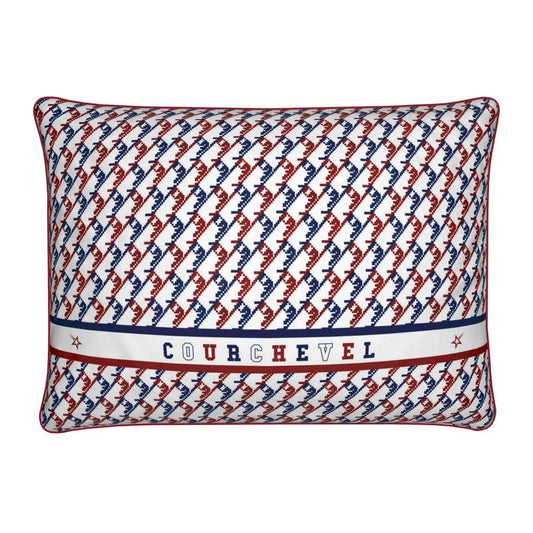 Rectangular Cushion with red and blue ski boots in a pattern on a white background with the name Courchevel on the cushion.