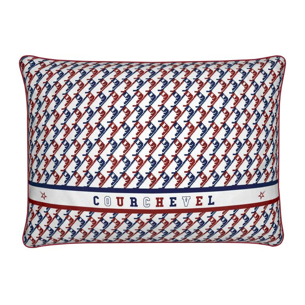 Rectangular Cushion with red and blue ski boots in a pattern on a white background with the name Courchevel on the cushion.