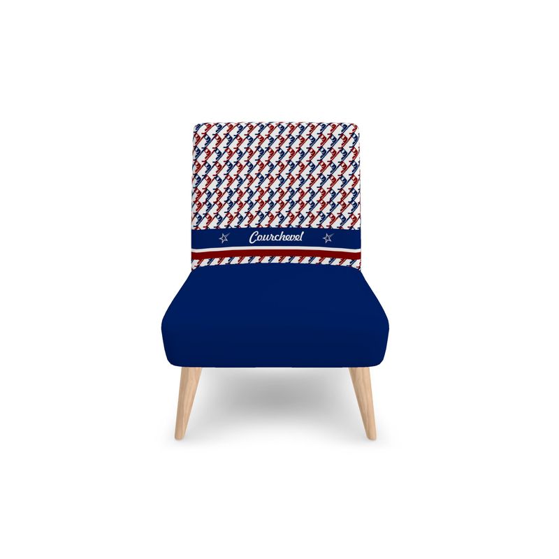 Velour Chair with blue seat and red white and blue ski boot pattern on the back with the words Courchevel written on it.
