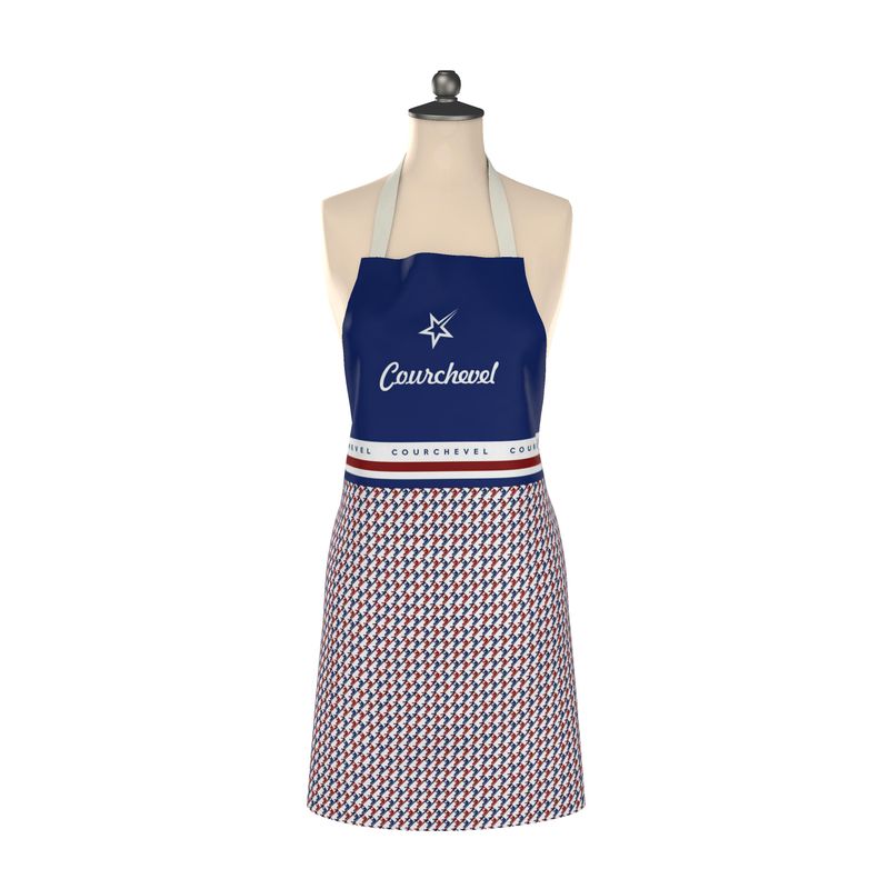 red, white and blue ski themed apron with Courchevel writing on it.
