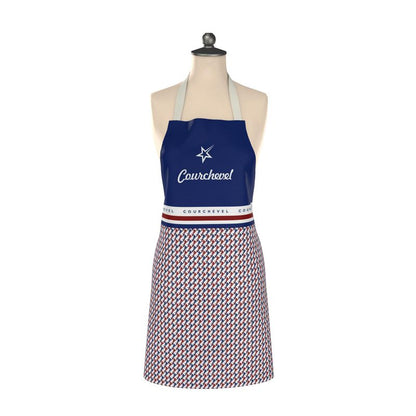 red, white and blue ski themed apron with Courchevel writing on it.