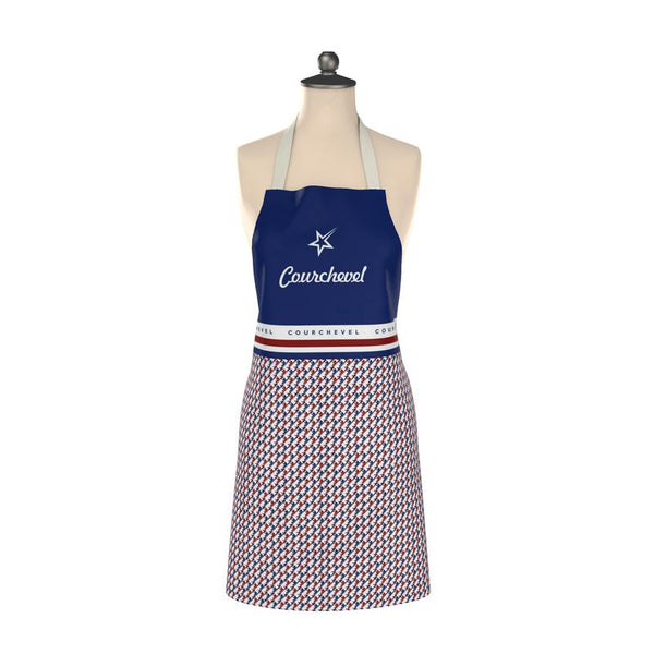red, white and blue ski themed apron with Courchevel writing on it.