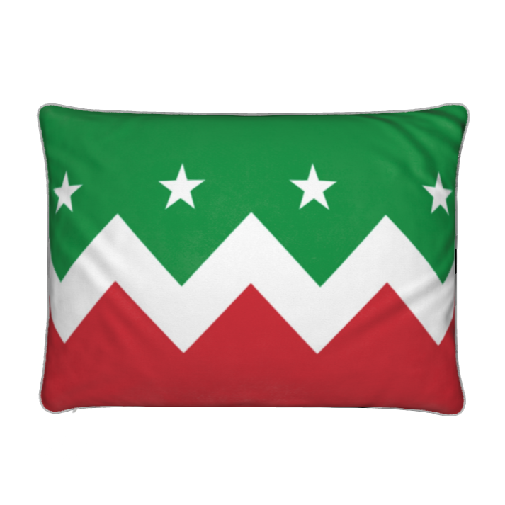 Rectangular cushion with green, red and white with stars.