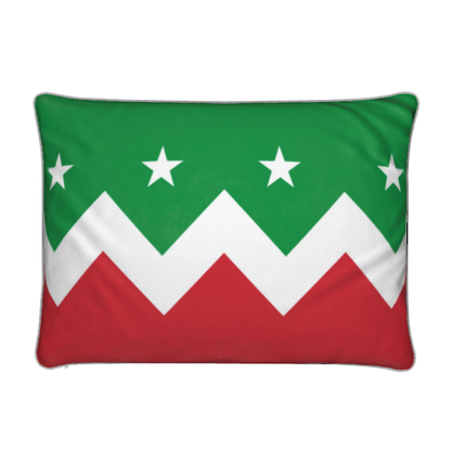Rectangular cushion with green, red and white with stars.