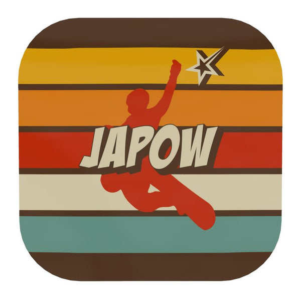 Snowboarder, Japow Coaster, Brown, Yellow, Orange, Red, Beige and light blue stripes with red snowboarder and the words JAPOWER written across the snowboarder.