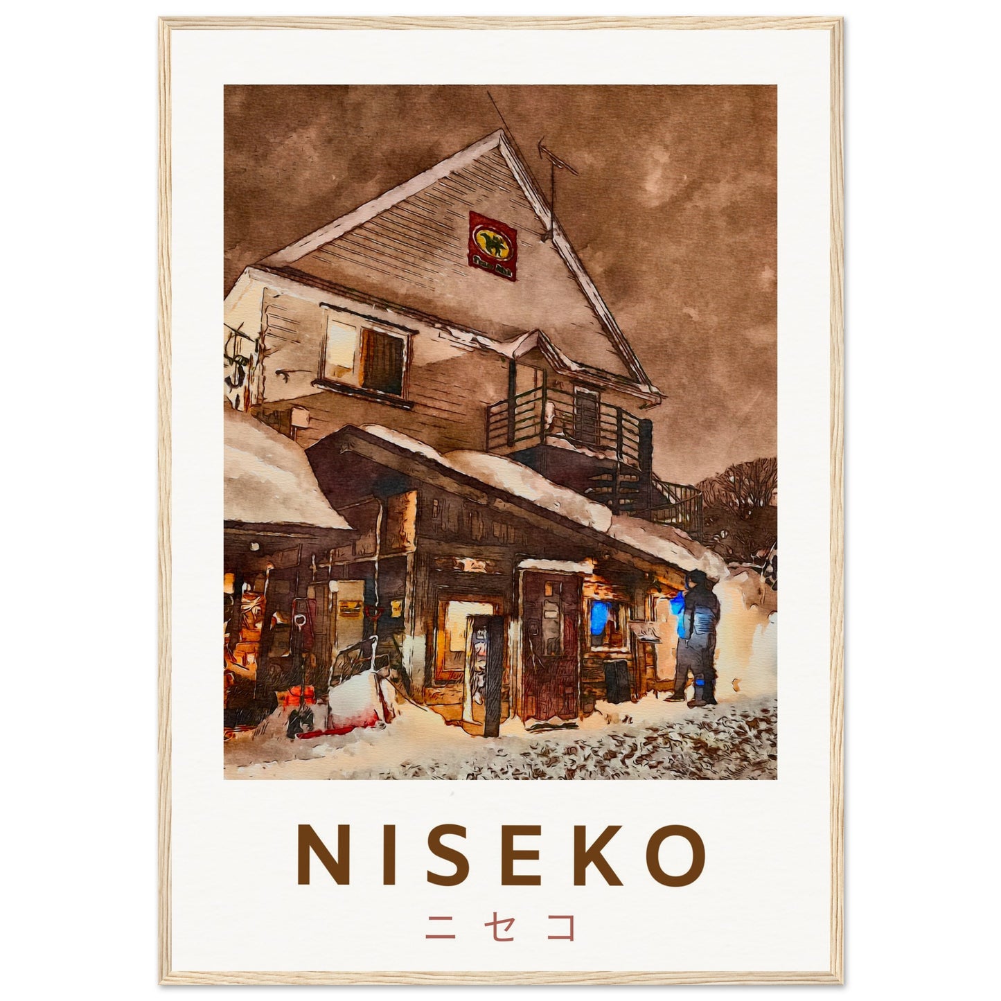 Travel Artwork of a restaurant in Grand Hirafu with wooden frame.