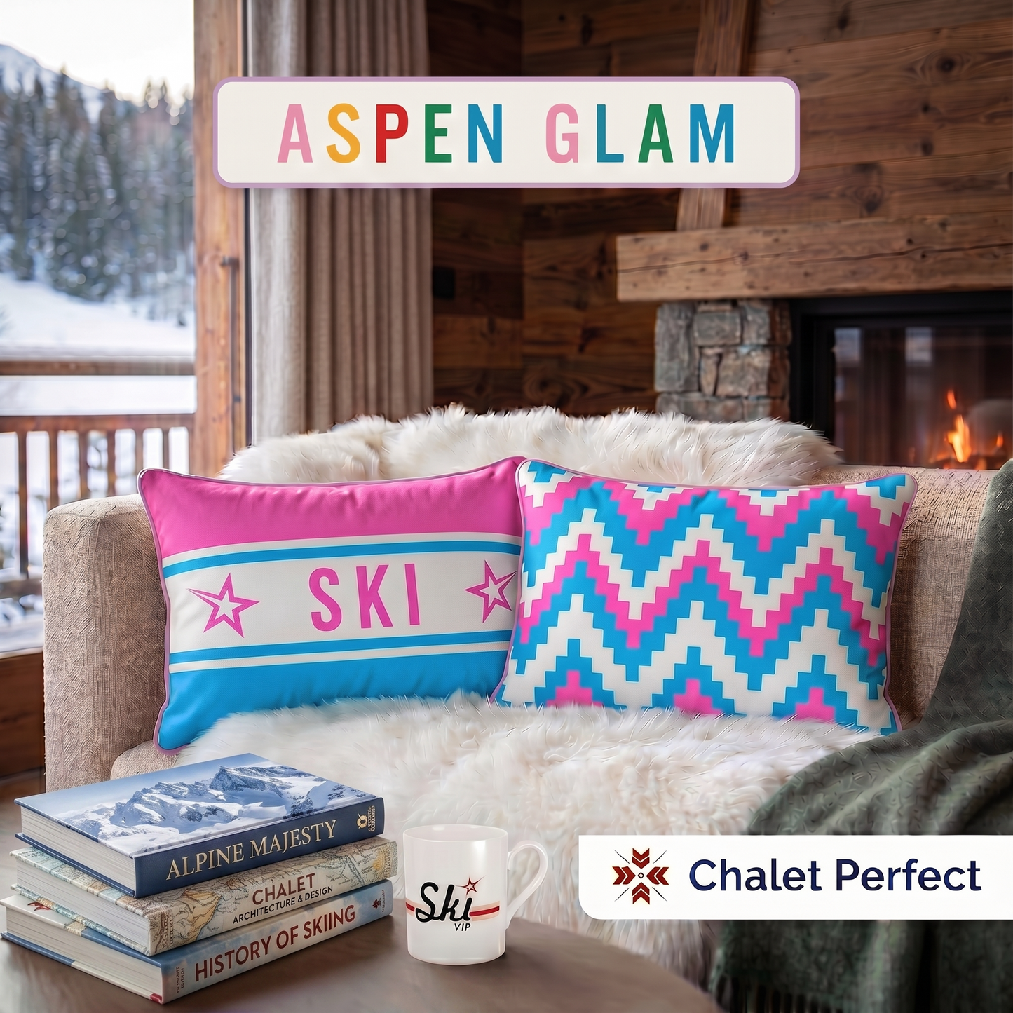 SKI Themed Pink and Blue Velvet Cushion