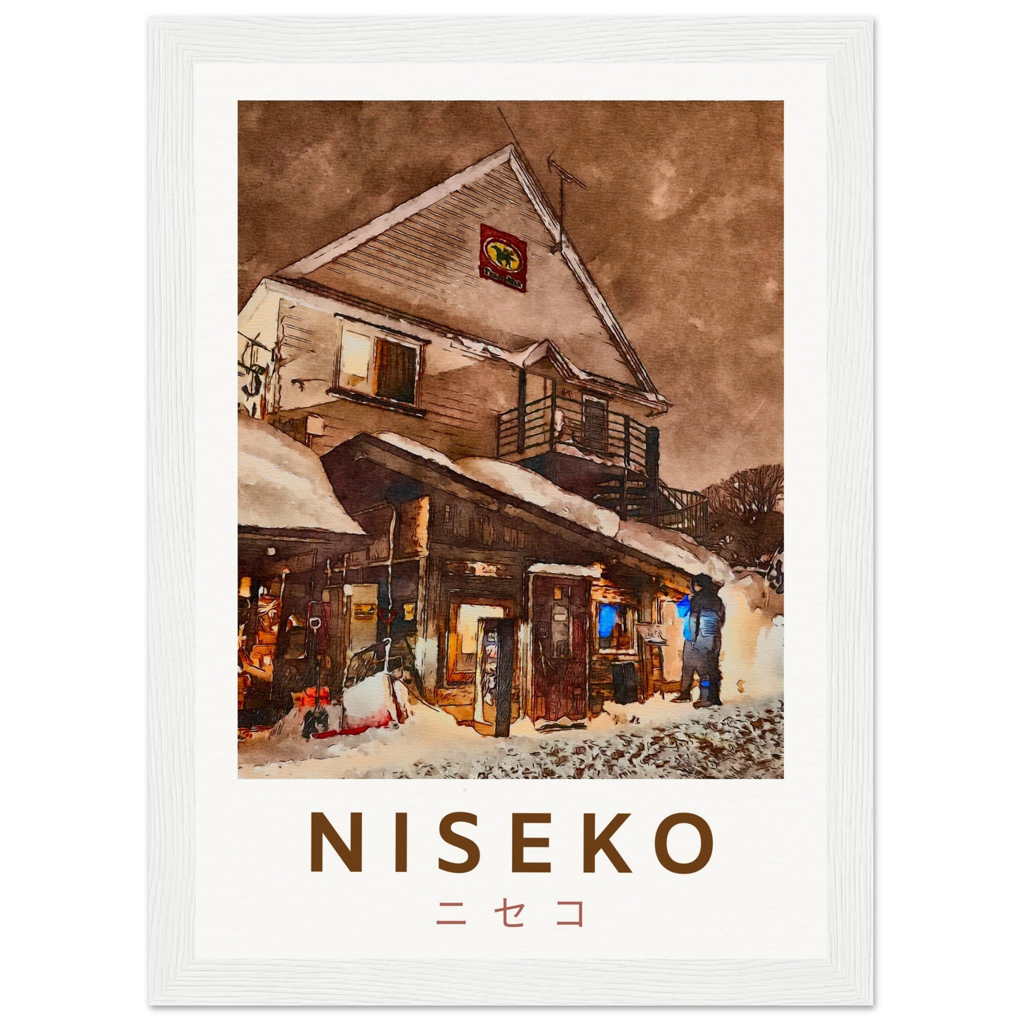 A restaurant in Grand Hirafu on a snowy night with a white frame