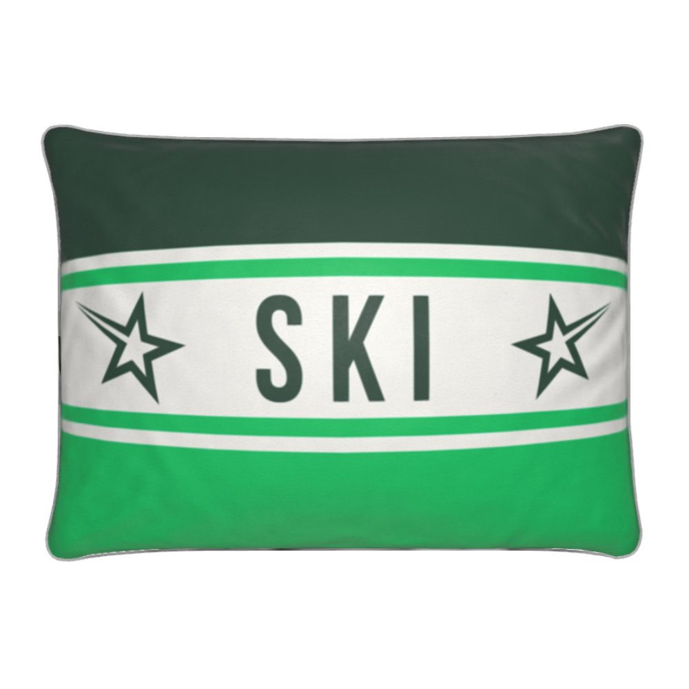 Green Cushion with SKI emblazoned on the front with two shooting stars either side.