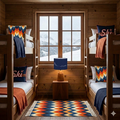 Chalet Bunkroom with coordinated rug, cushions and throws in orange, blue and gold.