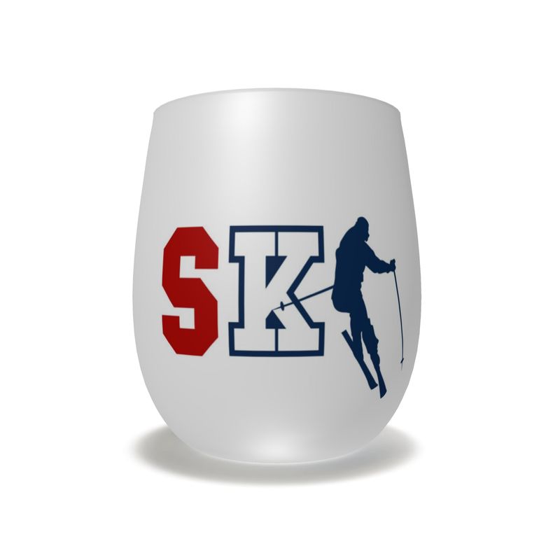 MATTE WHITE CURVED GLASS WITH SKI WRITTEN AND SKI MOTIF