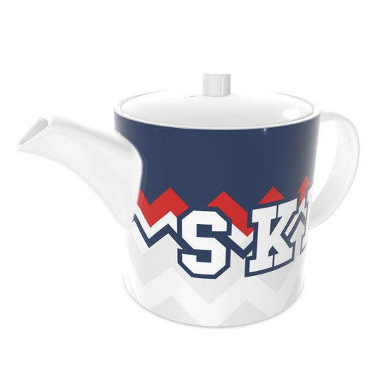 Blue and White tea pot with red and white zig zag and SKI