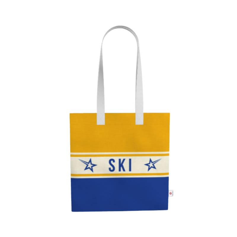 SKI Themed Shopping Tote, Blue and Yellow