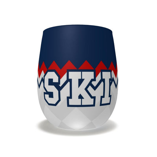 SKI themed red, white and blue stemless wine glass