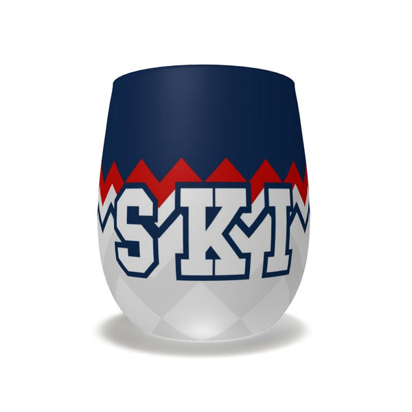 SKI themed red, white and blue stemless wine glass
