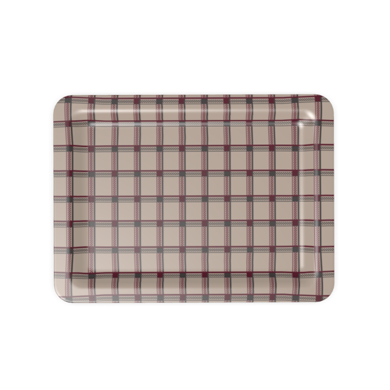 Serving Tray, Retro, Burgundy, Grey and Beige, Plaid