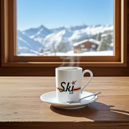 "Ski VIP" Espresso Cup and Saucer for Ski Themed Chalet Decor