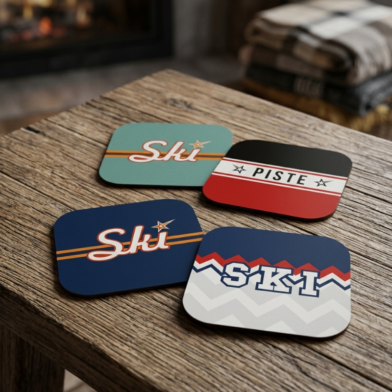Coaster Set, Ski Themed, SKI, PISTE, Retro