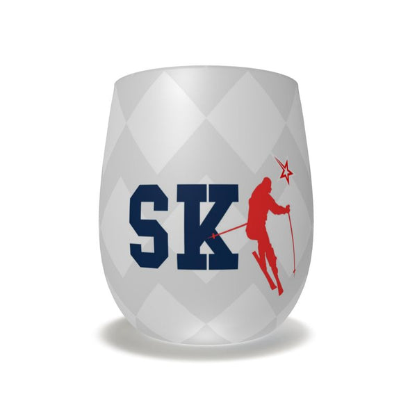 SKI Stemless Wine Glass, Red and Blue