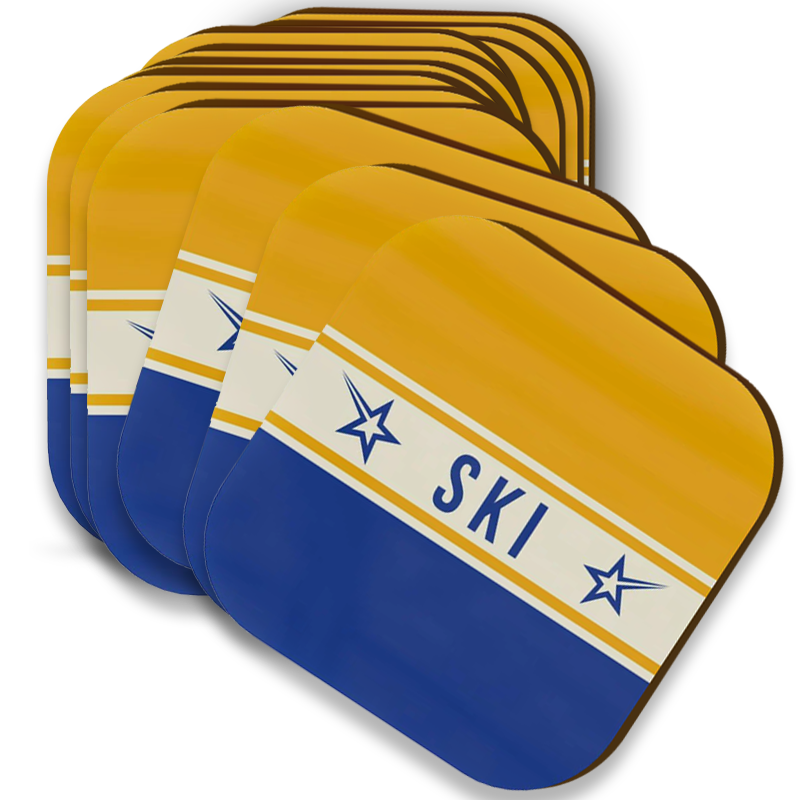 Ski Themed Blue and Yellow Coaster