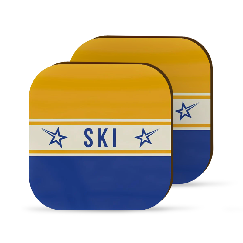 Ski Themed Blue and Yellow Coaster