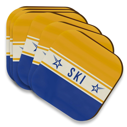 Ski Themed Blue and Yellow Coaster