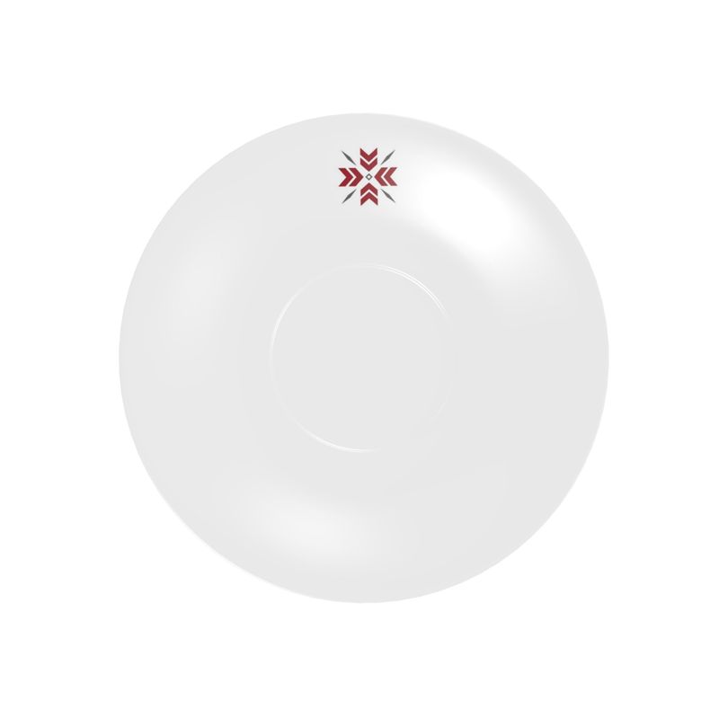 A glossy white saucer with a snowflake motif