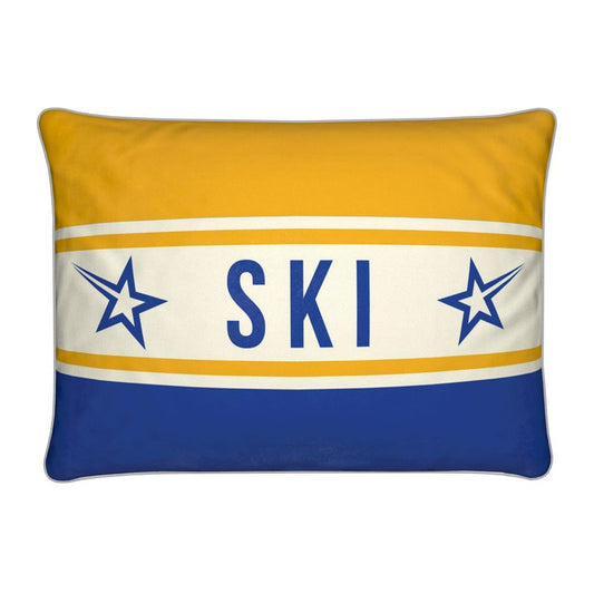 Ski Themed Yellow and Blue Velvet Cushion