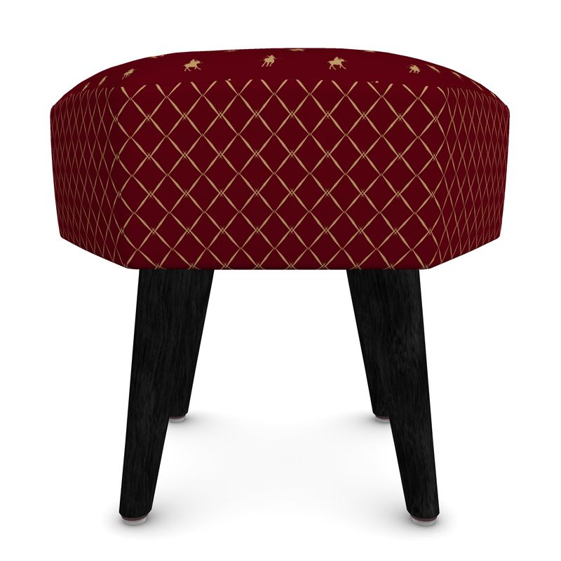Burgundy, snow polo themed foot stool, hexagon with black legs.