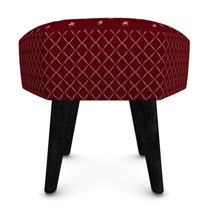 Burgundy, snow polo themed foot stool, hexagon with black legs.