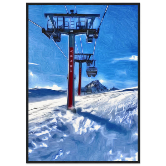 A snow scene with a chair life with PRADA written on the pole.
