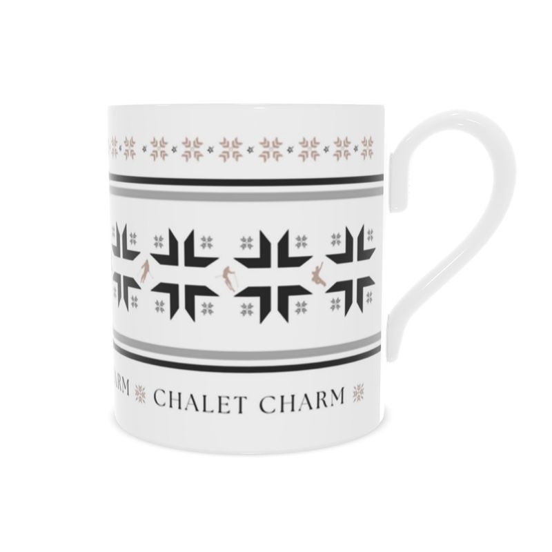 White Bone China Mug for Chalet Charm Thredbo with Retro Ski pattern