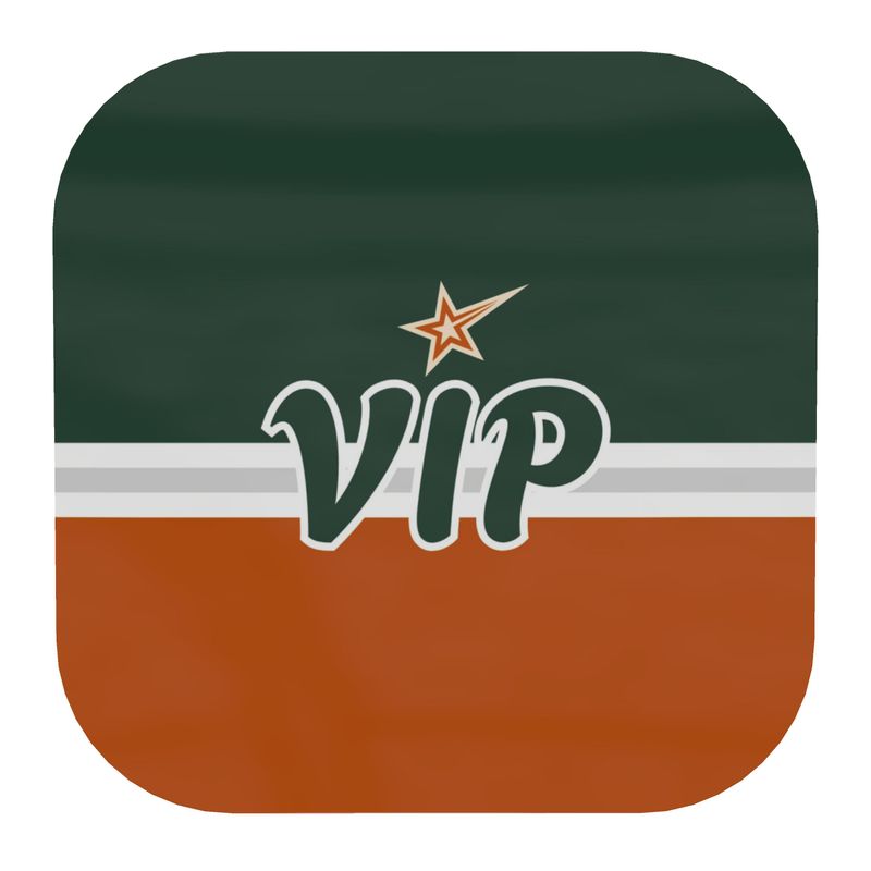 Orange and Green Coaster with VIP written in Green