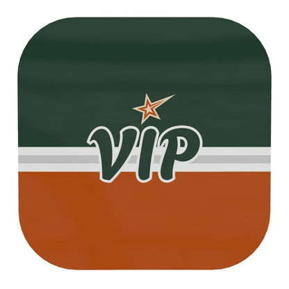 Orange and Green Coaster with VIP written in Green