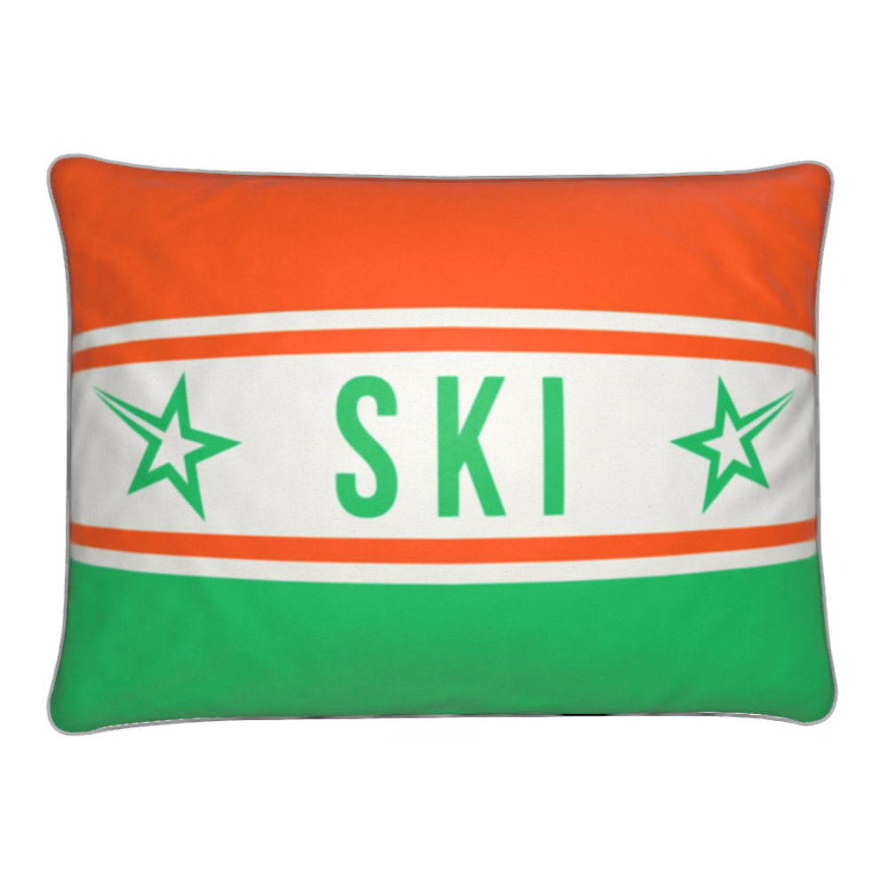 Ski Themed Velvet Cushion Orange and Green