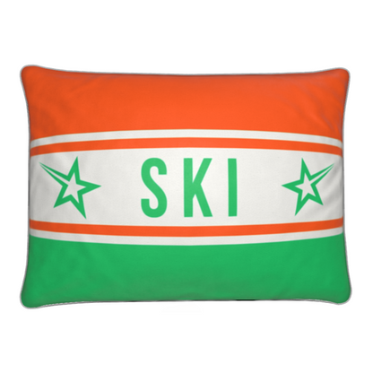 Ski Themed Velvet Cushion Orange and Green