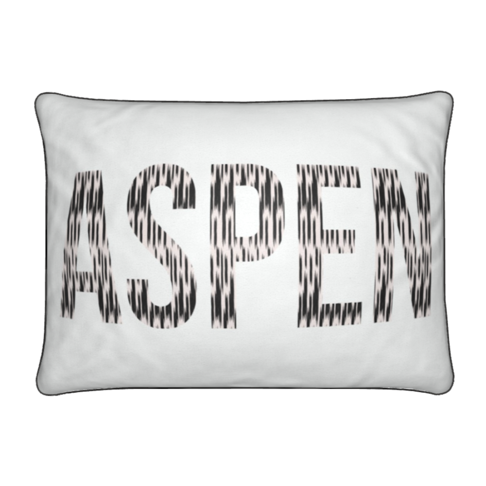 White Cushion with ASPEN text in Beige