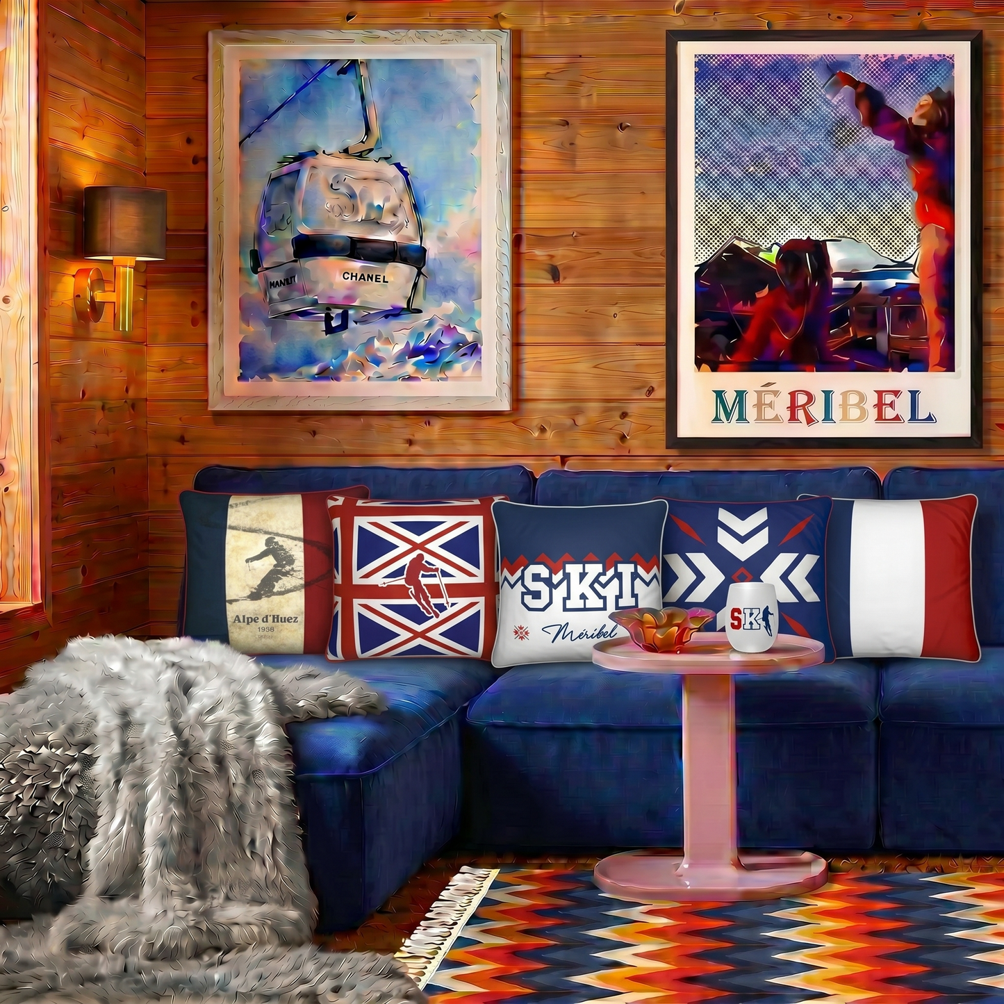 Cushion, Brit Themed, Red, White and Blue, Soft Velvet Chalet
