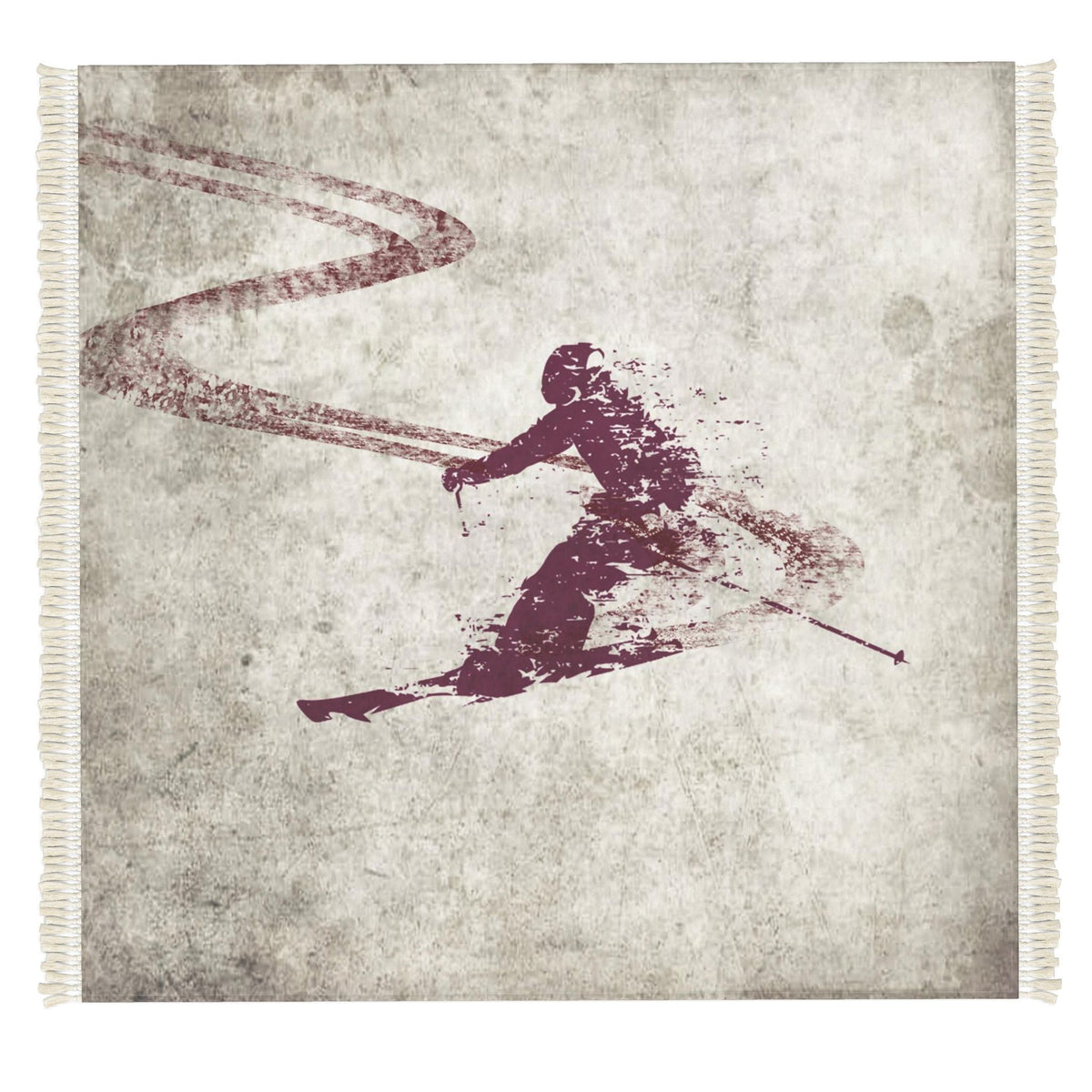  A distressed beige and burgundy skier themed floor rug. The mat has cream-colored fringe on all two sides.