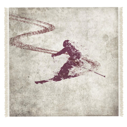  A distressed beige and burgundy skier themed floor rug. The mat has cream-colored fringe on all two sides.