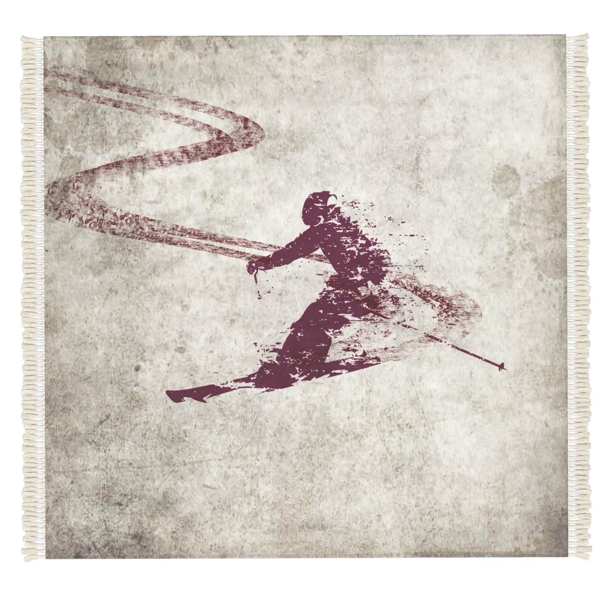 
                         A distressed beige and burgundy skier themed floor rug. The mat has cream-colored fringe on all two sides.
                      